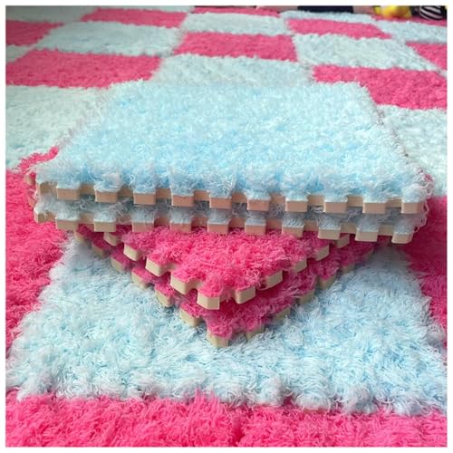 Thickened Plush Foam Interlocking Floor Carpet Mat,24 Piece 12x12in Fluffy Square Puzzle Foam Carpet Tiles with Edgings,Soft Anti-Slip Shaggy Area Rug Playmat(Color:Rose red+Blue) - color: Rose Red+blue