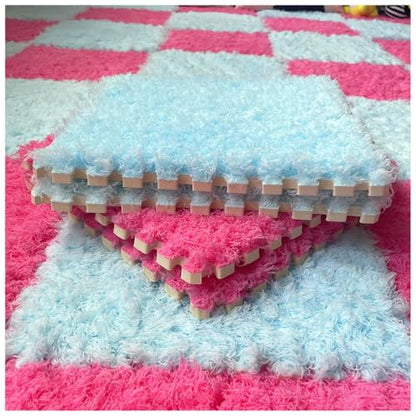 Thickened Plush Foam Interlocking Floor Carpet Mat,24 Piece 12x12in Fluffy Square Puzzle Foam Carpet Tiles with Edgings,Soft Anti-Slip Shaggy Area Rug Playmat(Color:Rose red+Blue) - color: Rose Red+blue