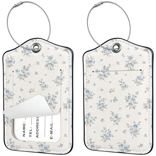 2 PCS Luggage Tags for Suitcases,Cute Light Blue Floral PU Leather Name Tag with Privacy Cover&ID Label Address Card and Durable Metal Ring Suitable for Men Women Travel Bag - color: Light Blue Flora