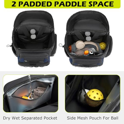 HAMBOLY Premium Pickleball Bag for Men & Women — Large Pickleball Backpack with Padded Paddle Pocket & Shoe Compartment, Tournament Ready with Insulated Cooler & Fence Hook - color: Dark Grey + Blue