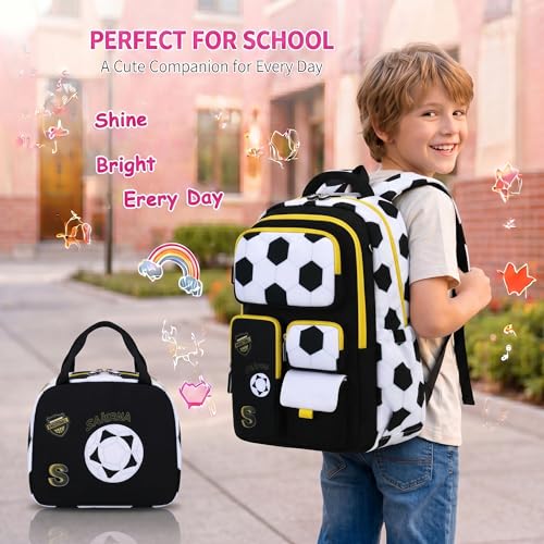 3PCS Kids Backpack Set, School Backpack with Lunch Bag & Pencil Case, Lightweight Waterproof Bookbag for Kids (Black soccer) - color: Black Soccer