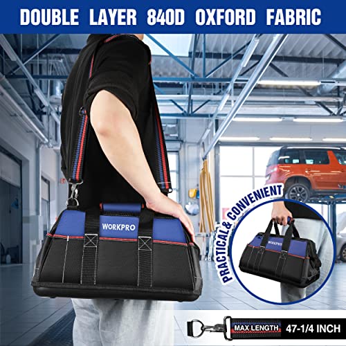 WORKPRO 16-inch Wide Mouth Tool Bag | Heavy Duty Cloth Tool Storage Bag, Water Proof Molded Base, Adjustable Shoulder Strap - color: Blue &Red