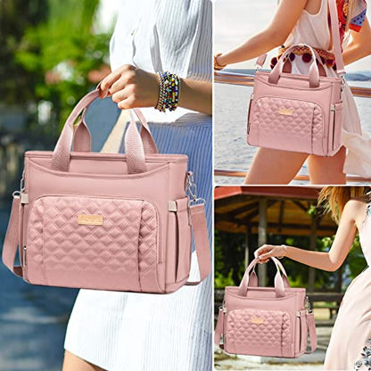 AIJIEKE Large Insulated Lunch Bag for Women, Leakproof Work Lunch Box Tote | Keeps food fresh 8-12 hours. Spacious multi-pocket design with a removable strap. Water-resistant and easy-wipe interior - color: Pink