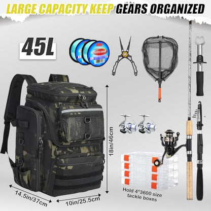 HAMBOLY Fishing Backpack 45L with Rod Holders, Water-Resistant Tackle Backpack for Fishermen, Large Capacity Fishing Gear Bag for Travel Hiking Camping - color: Dark CM (4 Tackle Boxes Included)