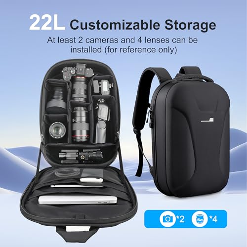 Hardshell Professional Photography Backpack for DSLR Digital Cameras, 22L