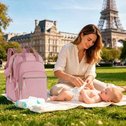 Diaper Bag Backpack, 27L Large Quilted Small Baby Bag with Changing Pad & Pacifier Case, Stroller Hooks, Easy-Access Baby Essential, Maternity Travel Backpack Unisex, Pink - color: Pink, size: Large