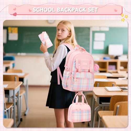 MUSEVOS Girls Backpack with Lunch Bag, Kindergarten Elementary Middle School Backpack, Multiple Compartments Large Capacity Kids Bookbag 3 Pcs Set(Pink) - color: Pink-3pcs Set