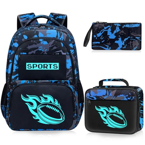School Backpack for Boys - Boys Backpack for Kids Children Teens Elementary Middle School - 17″ Gamer Bookbag Travel Back Pack for Age 6-18 - color: Sports-american Football001-backpack Set