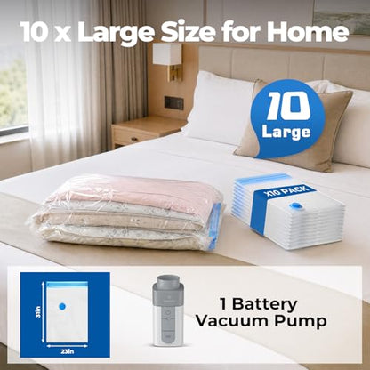 ETENWOLF Vacuum Storage Bags for Travel with Rechargeable Wireless Pump, Vacuum Seal Bags for Clothes and Travel, Space Saver Bags in Carry-On Sizes, Perfect for Luggage and Suitcases, 10 Large - size: 10 Large Size-E