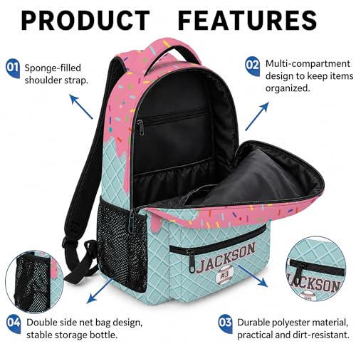 Personalized Baseball Drip Backpack, Blue Ice Cream Print Travel Bag, Multi Pocket Everyday Backpack (#9) - color: #9