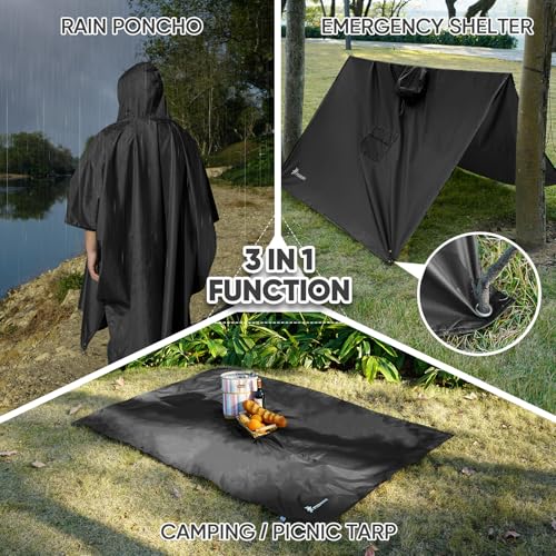 PTEROMY 3-in-1 Hooded Rain Poncho for Adult with Pocket, Waterproof Lightweight Unisex Raincoat for Hiking Camping Emergency - color: Black