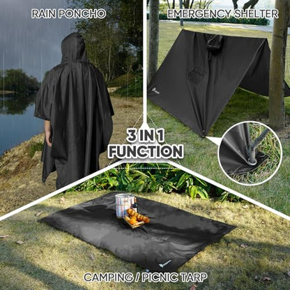 PTEROMY 3-in-1 Hooded Rain Poncho for Adult with Pocket, Waterproof Lightweight Unisex Raincoat for Hiking Camping Emergency - color: Black