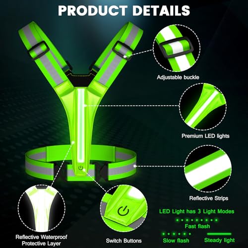 Fokia Kunbio LED Reflective Running Vest Gear,Light Up Vest Runners Night Walking USB Rechargeable,Up to 11hrs Light with Adjustable Waist/Shoulder for Women Men Kids - color: Green