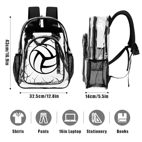 Volleyball Clear Backpack Heavy Duty for Girls Kids Boys Women | Large Cool PVC Volleyball Theme Printing Transparent Backpacks for Schools Stadium Concerts Work - Clear/Black - color: Volleyball Clear Backpack 3 Black With Front Pocket