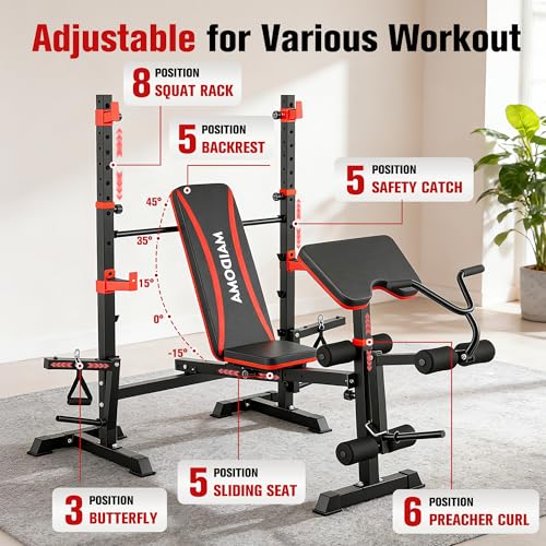 Foldable 1500LBS 6 IN 1 Weight Bench Set with Squat Rack, Leg Extension/Curl & Preacher Curl, Adjustable Bench Press Set with Safety Bar Catches for Home Gym Full Body Workout