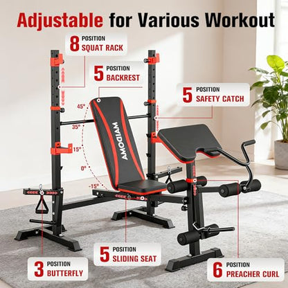 Foldable 1500LBS 6 IN 1 Weight Bench Set with Squat Rack, Leg Extension/Curl & Preacher Curl, Adjustable Bench Press Set with Safety Bar Catches for Home Gym Full Body Workout