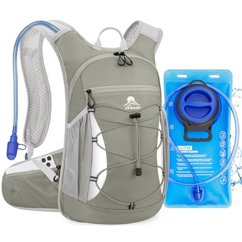 Hydration Backpack with 2L Water Bladder - Lightweight 15L Daypack with Phone-Sized Hip Belt Pockets, Anti-Chafe Cotton Edging & No-Bounce Straps - Small Water Backpack for Hiking, Running, Skiing - color: Light Grey