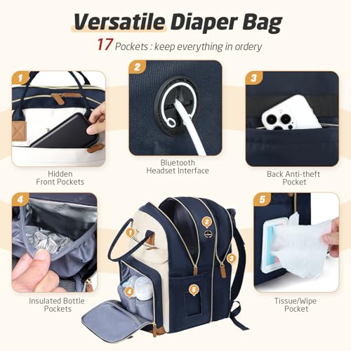 Diaper Bag Backpack - Extra Large Diaper Bag for 2 Kids Twin, Travel Baby Bags for Mom Dad 25-37L Expandable with Changing Pad Earphone Hole, Apricot Blue - color: Blue & Apricot