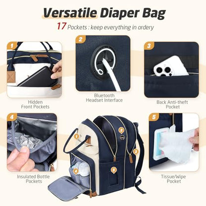 Diaper Bag Backpack - Extra Large Diaper Bag for 2 Kids Twin, Travel Baby Bags for Mom Dad 25-37L Expandable with Changing Pad Earphone Hole, Apricot Blue - color: Blue & Apricot