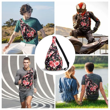 HUA ANGEL Crossbody Sling Bag for Men & Women Lightweight Waterproof Chest Shoulder Bag for Travel Hiking & Everyday Use - color: W-red Flower