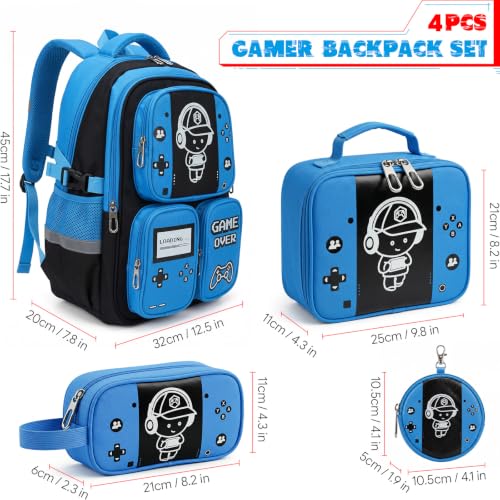 Boys Backpack, Luminous Gamer Backpack for Boys with Lunch Box,Pencil Case and Coin Puese,Kids Schoolbag Bookbag for Teen Boy Elementary Middle High School Travel (Black-Blue) - color: Black-blue