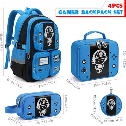 Boys Backpack, Luminous Gamer Backpack for Boys with Lunch Box,Pencil Case and Coin Puese,Kids Schoolbag Bookbag for Teen Boy Elementary Middle High School Travel (Black-Blue) - color: Black-blue