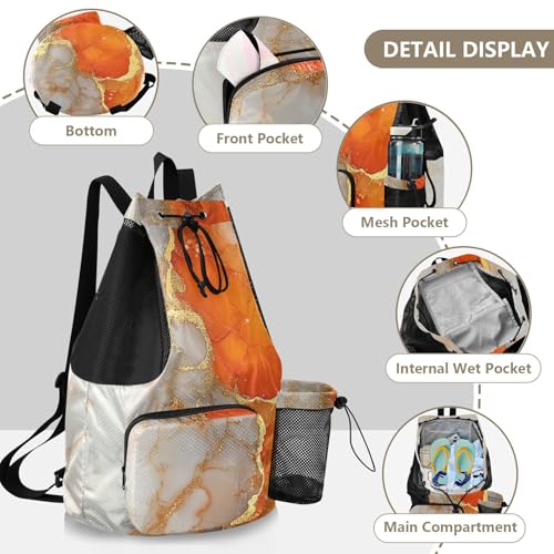 Drawstring Gym Bags For Men Women Camp Bag With Water Bottle Pocket String Backpack Bag Wet and Dry Separation Marble White Orange - color: Color 26