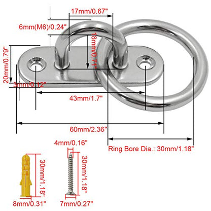 4Pcs M6 Ceiling Wall Mount Hook, Pad Eye Plate, Heavy Duty Anchor with Ring, 304 Stainless Steel, Great for Yoga Swings Hammocks/Boat Rigging/Marine Deck Hardware/Suspension Training Straps - size: M6 (Oval Pad Eye)