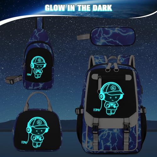 Bevalsa Backpack for Boys, Cool Luminous Boys Backpack with Sling Bag, Lunch Box & Pen Case, School Bags for Kids Children Teens Elementary Middle Schools, Bookbag Glow In The Dark (Lightning) - color: Lightning