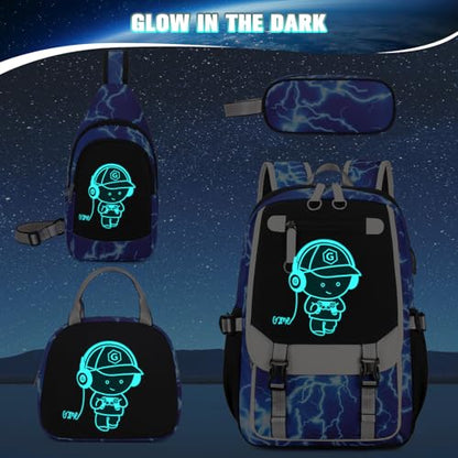 Bevalsa Backpack for Boys, Cool Luminous Boys Backpack with Sling Bag, Lunch Box & Pen Case, School Bags for Kids Children Teens Elementary Middle Schools, Bookbag Glow In The Dark (Lightning) - color: Lightning