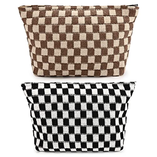 SOIDRAM 2 Pieces Makeup Bag Large Checkered Cosmetic Bag Capacity Canvas Travel Toiletry Bag Organizer Cute Makeup Brushes Aesthetic Accessories Storage Bag for Women, Checkered L Black Brown - color: Black & Brown