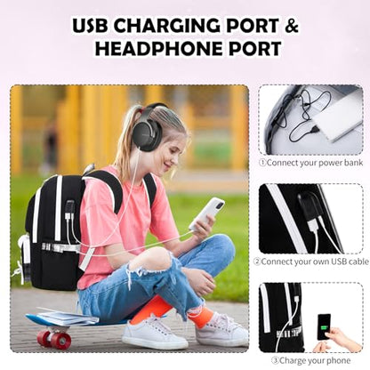 ACESAK Backpacks for Girls, Girls Backpack with Lunch Box and Pencil Case for Teen Kids Elementary Middle High School College Student, Children Backpack Bookbag with USB Charging Port (Black Plaid) - color: Black Plaid With Chain