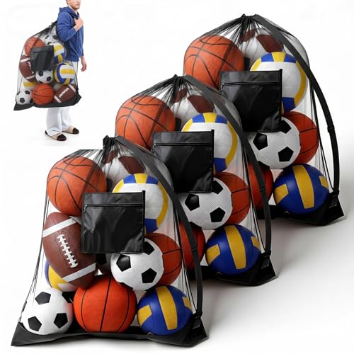 Extra Large Sports Ball Bag 3 Pcs Duty Net Mesh Soccer Ball Basketball 40*30 Heavy Duty Drawstring Bags with Pocket Team Work, Adjustable Shoulder Strap for Holding Volleyball, Baseball, Swimming Gear