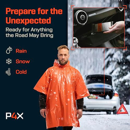 PREPARED4X Emergency Mylar Poncho – Survival Rain Poncho with Hood – Lightweight, Compact, Reusable Emergency Blanket Poncho for Hiking, Camping, Thermal Gear, Car Kit, Outdoors - color: Orange