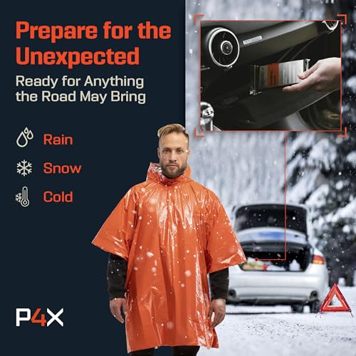 PREPARED4X Emergency Mylar Poncho – Survival Rain Poncho with Hood – Lightweight, Compact, Reusable Emergency Blanket Poncho for Hiking, Camping, Thermal Gear, Car Kit, Outdoors - color: Orange 10-pack
