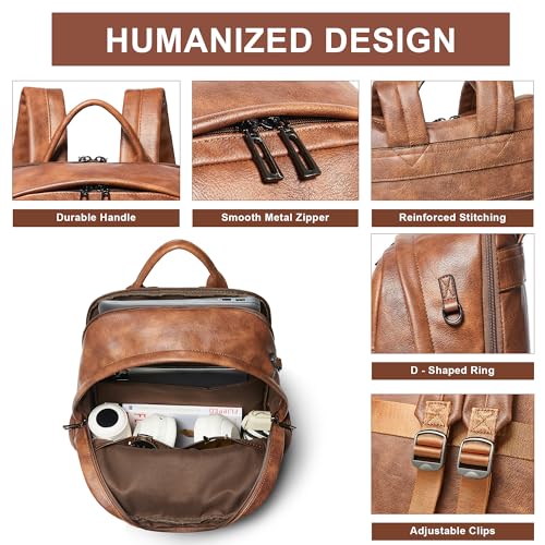 Leather Backpack for Women Men, Fits 16.0 Inch Laptop, Soft Vegan Leather Backpack for Travel and Daily Use, Brown - color: 1-1 Brown