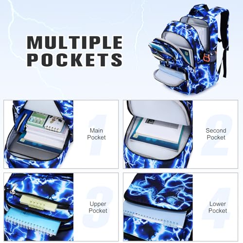 Bevalsa Backpack for Boys, Lightning School Bags with Lunch Bag & Pen Case for Kids, Bookbag for Boys Teens Elementary Middle High School - color: Blue Dinosaur