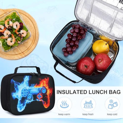Scothen 3PCS Boys Backpack Set, Cool Backpack for Boys with Lunch Bag & Pencil Case, Kids School Bag Teen Boy Bookbag for Kindergarten Elementary Middle School with USB Charging Port - color: Red & Blue Flame
