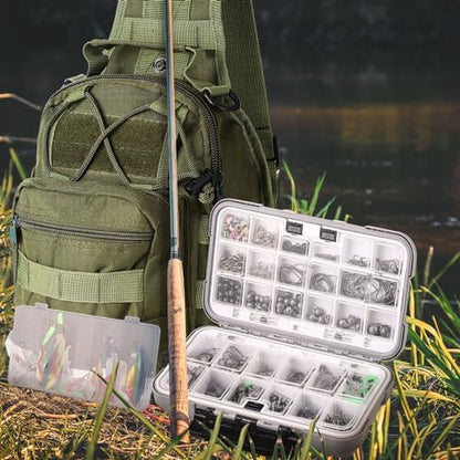 Sosation 482 Pcs Fishing Sling Tackle Bag Set Fish Tackle Box Backpack Storage Fishing Gear and Equipment Included Fish Hook Remover Tool Lures Lip Gripper, Gift for Men - color: Military Green