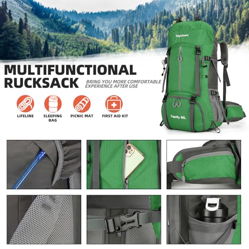King'sGuard 60L waterproof lightweight hiking backpack with rain cover and shoe compartment outdoor sports travel backpack (Green) - color: Green
