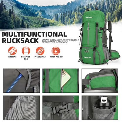 King'sGuard 60L waterproof lightweight hiking backpack with rain cover and shoe compartment outdoor sports travel backpack (Green) - color: Green