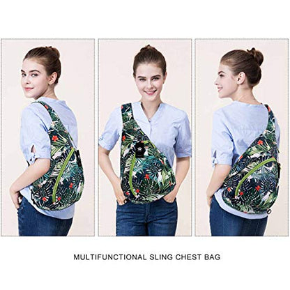 HUA ANGEL Crossbody Sling Bag for Men & Women Lightweight Waterproof Chest Shoulder Bag for Travel Hiking & Everyday Use - color: Green Leaf Print