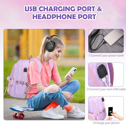 ACESAK Backpacks for Girls, Girls Backpack with Lunch Box and Pencil Case for Teen Kids Elementary Middle High School College Student, Children Backpack Bookbag with USB Charging Port (Pink Purple) - color: Purple & Pink