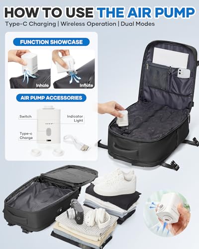 WONHOX Vacuum Seal Travel Backpack with Air Pump Compression Vacpack Waterproof Carry On Backpack for Travel Women men with Vacuum System Laptop Airlines Approved Daypack Space Saver Bags Black - color: B12-black(with Air Pump)