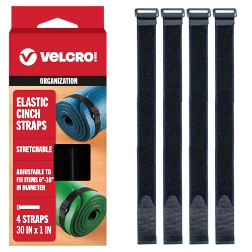 VELCRO Brand 30 Inch Elastic Straps 4 Pack, Use as Yoga Mat Straps, Fasten Outdoor Umbrellas, Wood, Tarps, Blankets, Poles and More, Stretchable and Adjustable for a Snug Fit - size: 4PK Large 30"