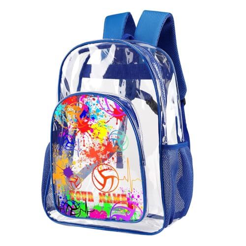 Custom Volleyball Clear Backpack Heavy Duty for Girls Kids Boys | Large Cool PVC Volleyball Theme Printing Transparent Backpacks for Schools Stadium Concerts Work - Clear/Blue - color: Volleyball Clear Backpack 1 Blue With Front Pocket Custom