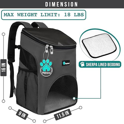 PetAmi Cat Backpack Carrier, Airline Approved Pet Carrier Backpack for Small Dogs and Large Cats, Soft Sided Collapsible Ventilated with Sherpa Bed for Hiking Travel, Max 18 lbs, Gray - color: Gray