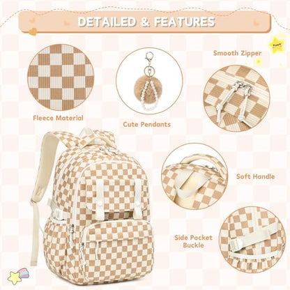 MUSEVOS Girls Backpack with Lunch Bag, Elementary Middle School Backpack, Large Capacity Kids Bookbag 3 Pcs Set - color: Khaki-3pcs-set