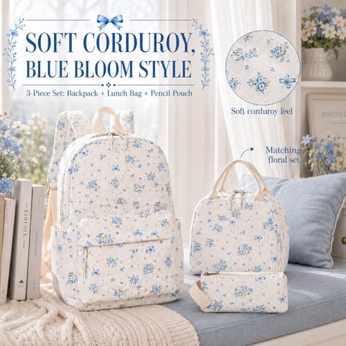 Bluboon School Backpack Set Girls Womens Laptop Bookbag Casual Daypack Fits 15 inch Laptop with Lunch Tote Bag and Pencil Bag - color: Blue Floral 263