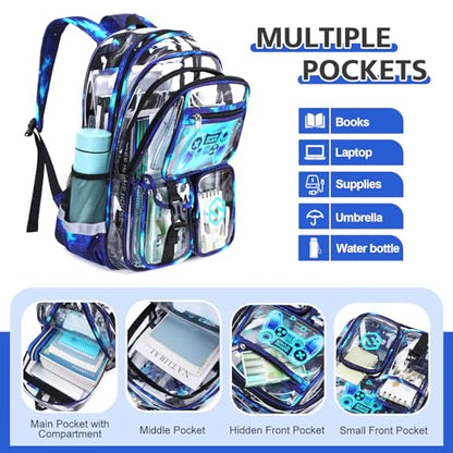 DIGOBAY 3PCS Cool Luminous Clear Backpack for Boys Kids, Gamer Clear Bookbag for School, See Through PVC Transparent Backpacks with Lunch Bag Pencil Case, Backpack Heavy Duty for School Stadium - color: Blue Galaxy